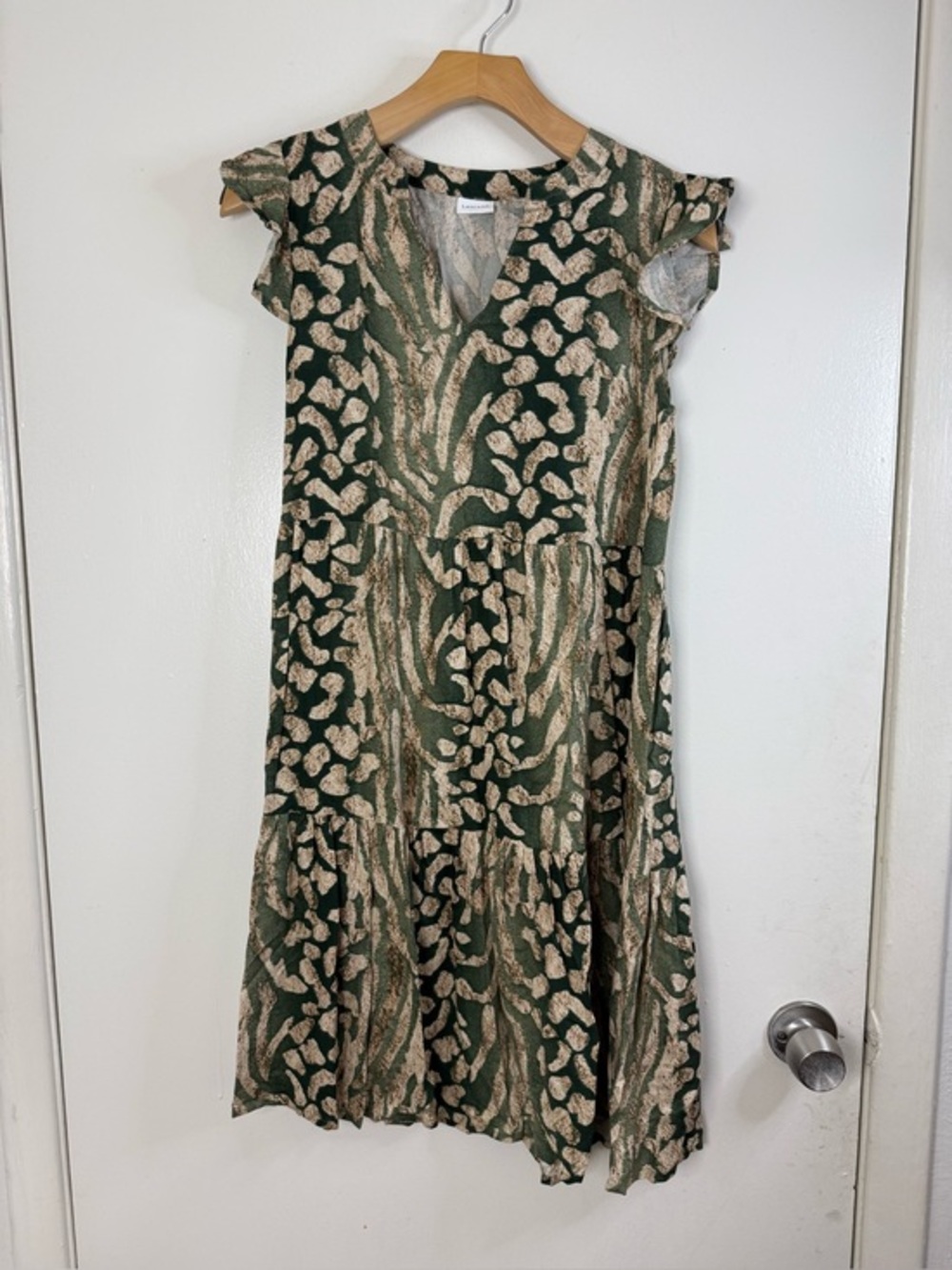 Lascana green and tan batik print flutter sleeve mini dress 2